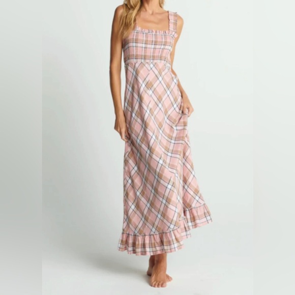 Sundays Beau Smocked Crystal Plaid Ruffle Hem Maxi Dress Cotton Linen Sz Large - Picture 4 of 10